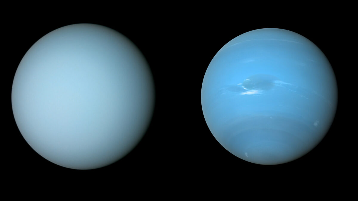 NASA’s Voyager 2 spacecraft captured these views of Uranus (on the left) and Neptune (on the right)