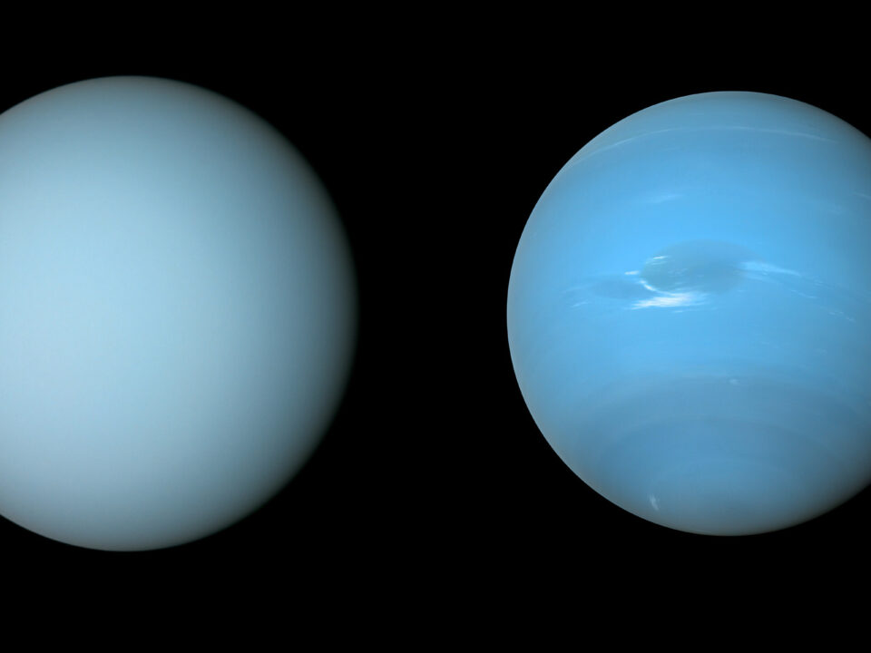 NASA’s Voyager 2 spacecraft captured these views of Uranus (on the left) and Neptune (on the right)